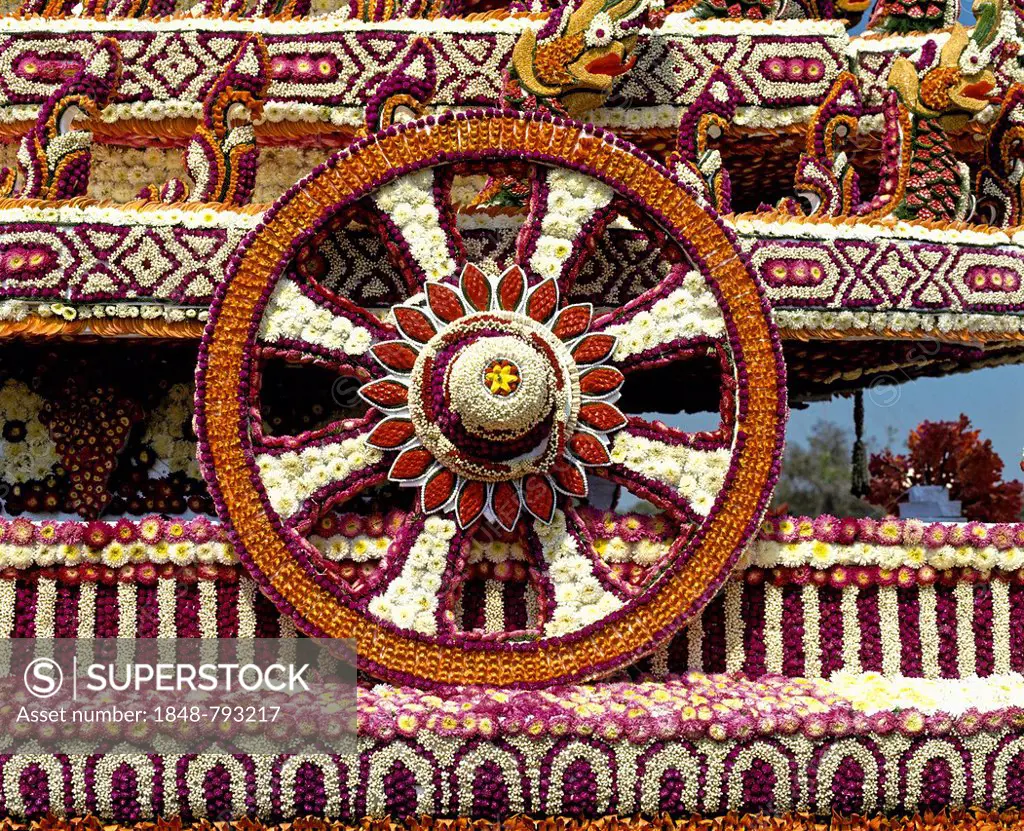 Flower Festival, decorated floats, wheel of life made from many flowers