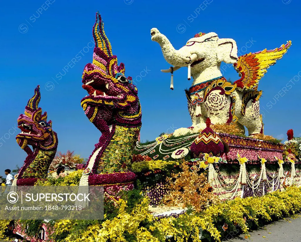 Flower Festival, decorated floats, Naga and a winged elephant made from many flowers
