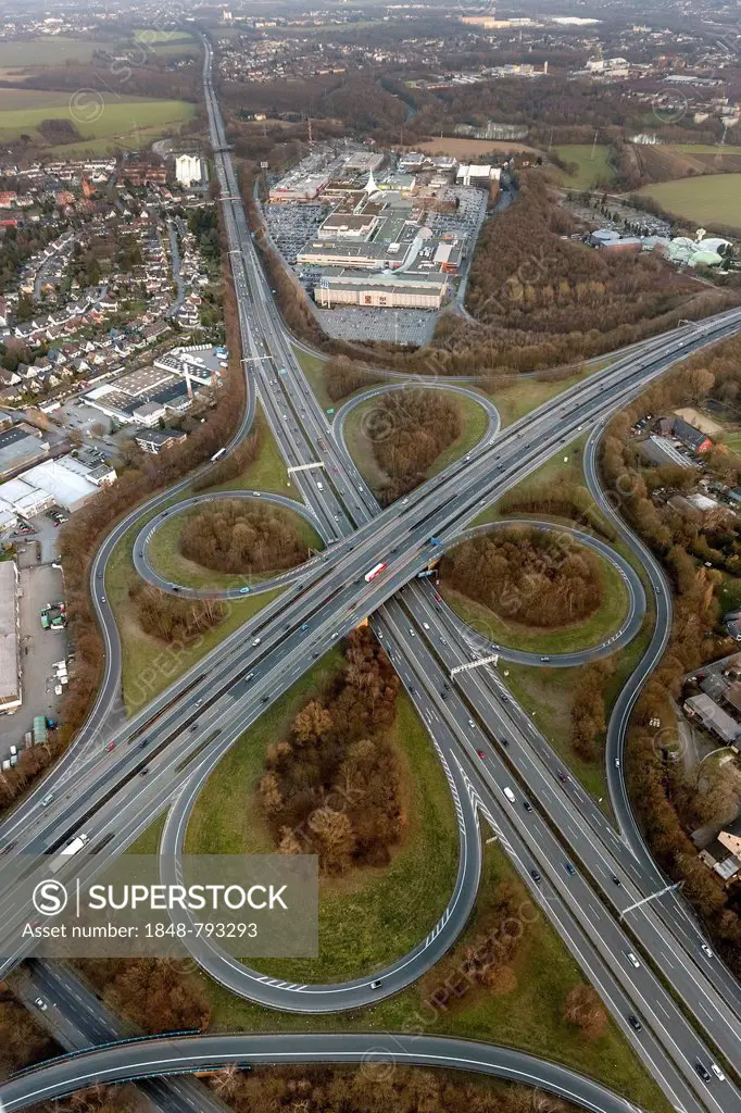 Aerial view, junction of the A40 and A43 motorway, Autobahnkreuz Bochum, Ruhr Park shopping center on the A40, expansion, Bochum East