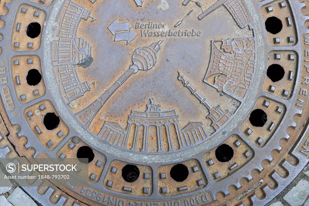 Various Berlin landmarks such as the Brandenburg Gate, the TV tower, the Reichstag, the Victory Column depicted on manhole covers, manhole covers of t...