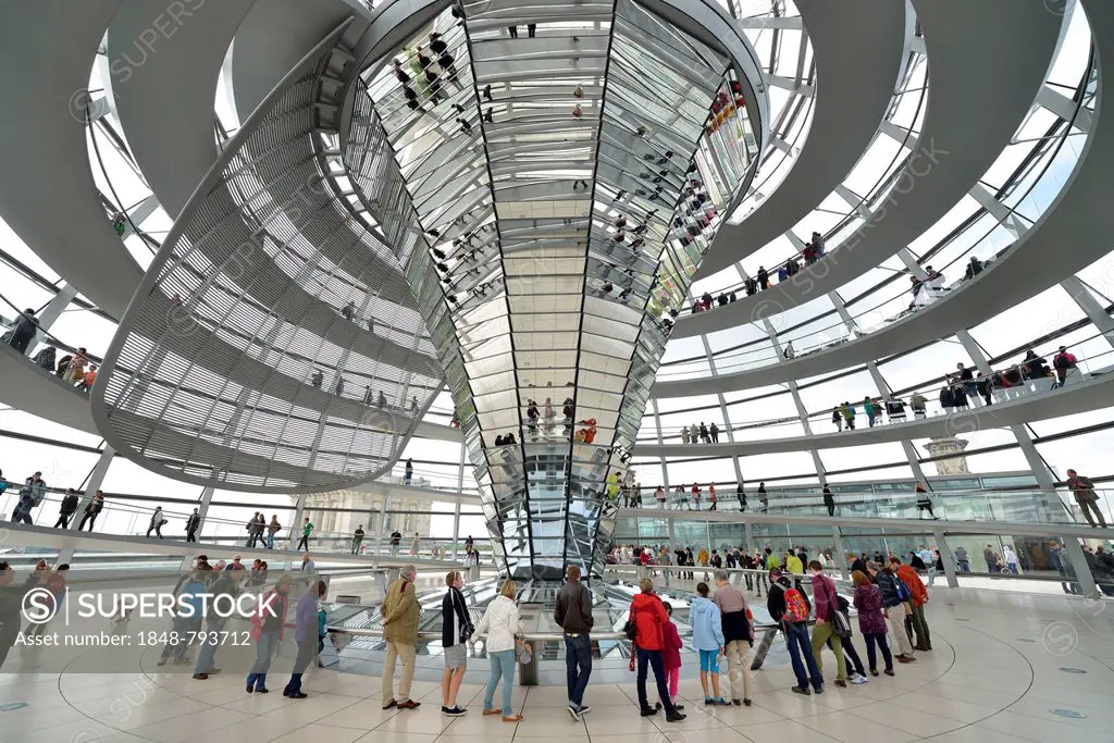 Visitors in the interior with the mirrored central column of the dome of the Reichstag Building, German Bundestag, architect Sir Norman Foster