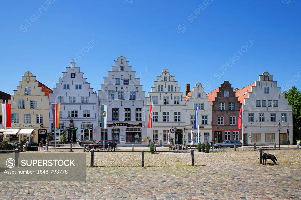 Historic houses on the market square of Friedrichstadt, stepped gable houses, Dutch merchant houses
