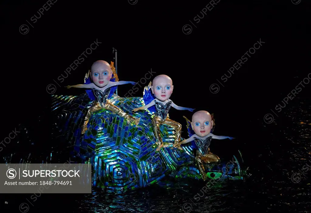 Three boys on Turtle, The Magic Flute by Wolfgang Amadeus Mozart, opera performance on the floating stage on Lake Constance, Bregenz Festival 2013