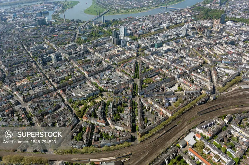 Aerial view, Friedrichstadt quarter with the Rhine at back