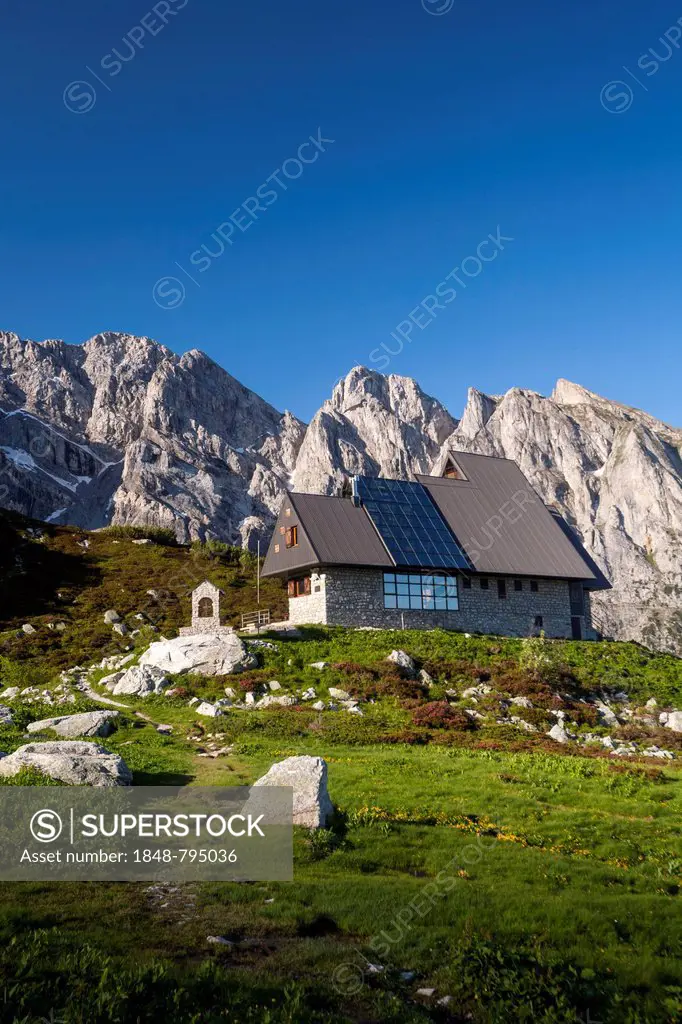 Rifugio Garelli mountain hut in front of the northern face of Punta Marguareis Mountain