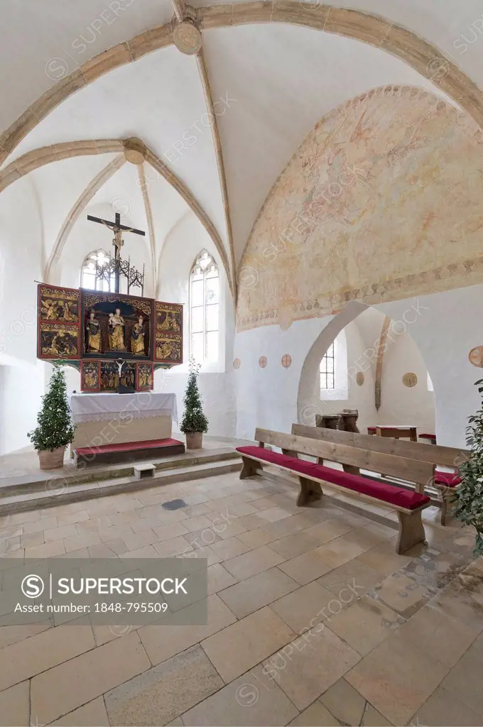 Interior, Late Gothic altar, St. Gallus Church, the oldest church building of Carolingian origin in Franconia