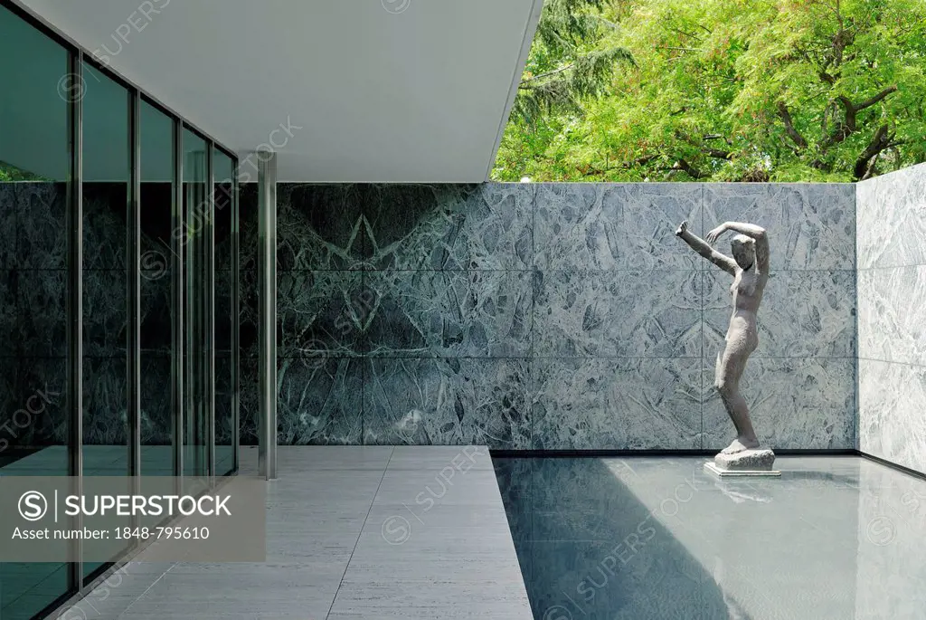 Sculpture in a water pool, Barcelona Pavilion, reconstructed German Pavilion for the 1929 Barcelona International Exposition, by architect Ludwig Mies...