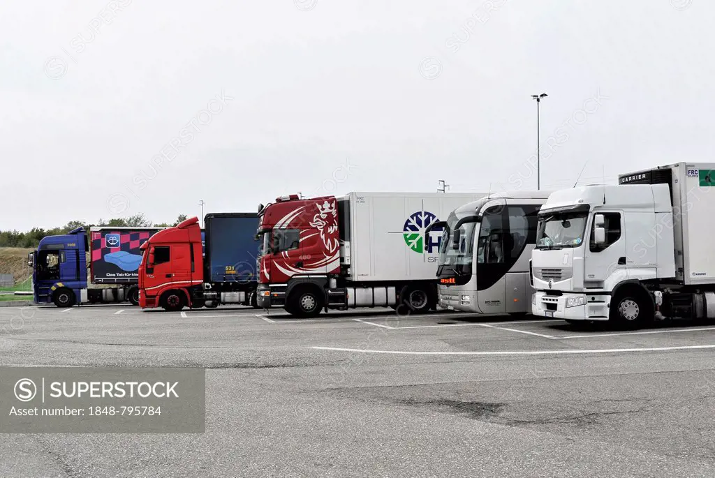 Truck stop, trucks at a service station near Modena, Italy, Europe