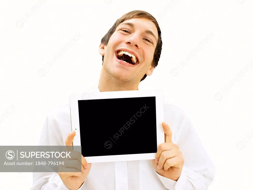 Happy man holding an iPad