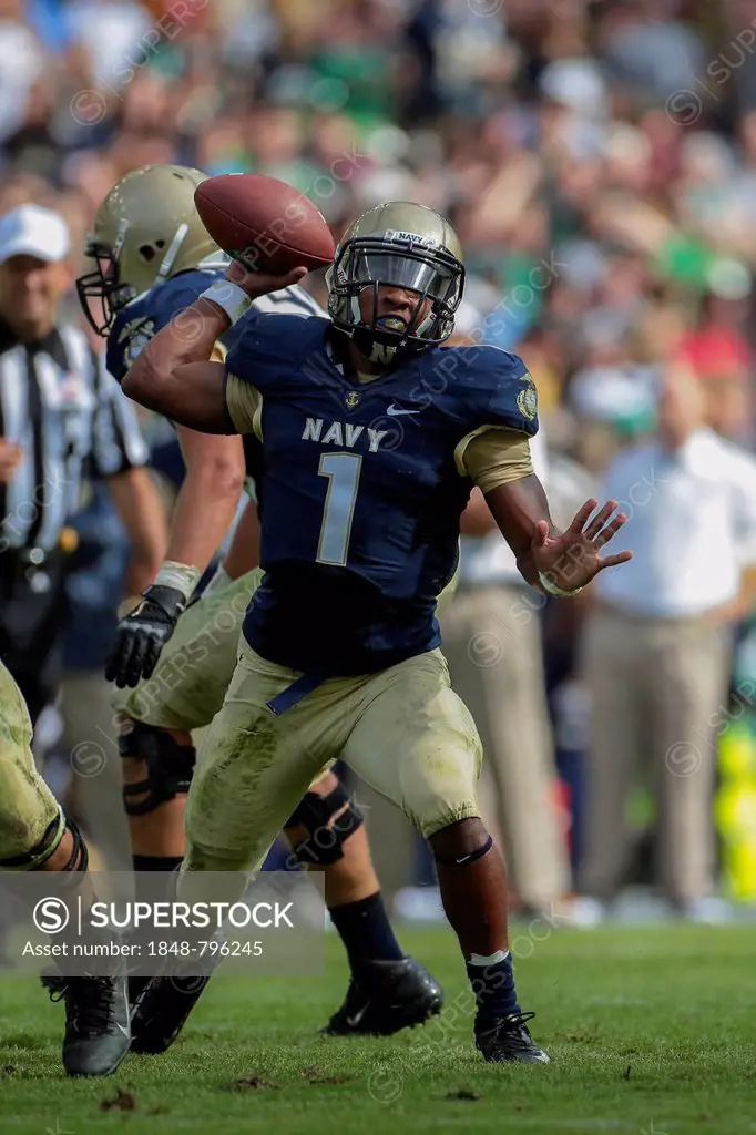 QB Trey Miller, #1 Navy, passes the ball during the NCAA football game between the Navy and the Notre Dame on September 1, 2012 in Dublin, Ireland, Eu...