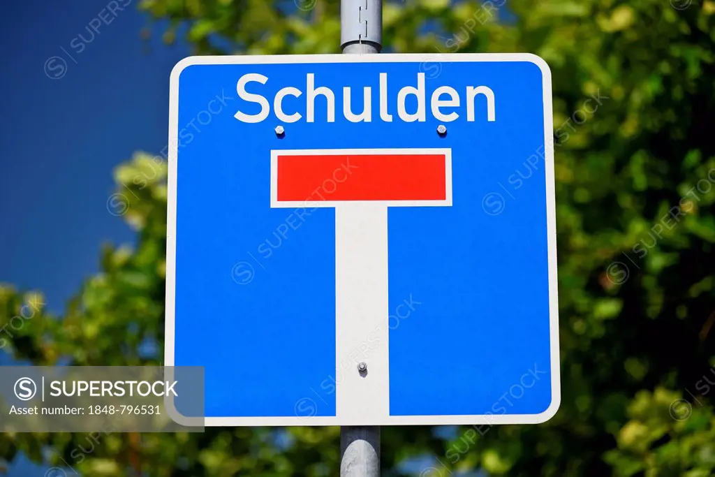 Traffic sign, dead end street or cul-de-sac road, with the word Schulden, German for debts, symbolic images for debt