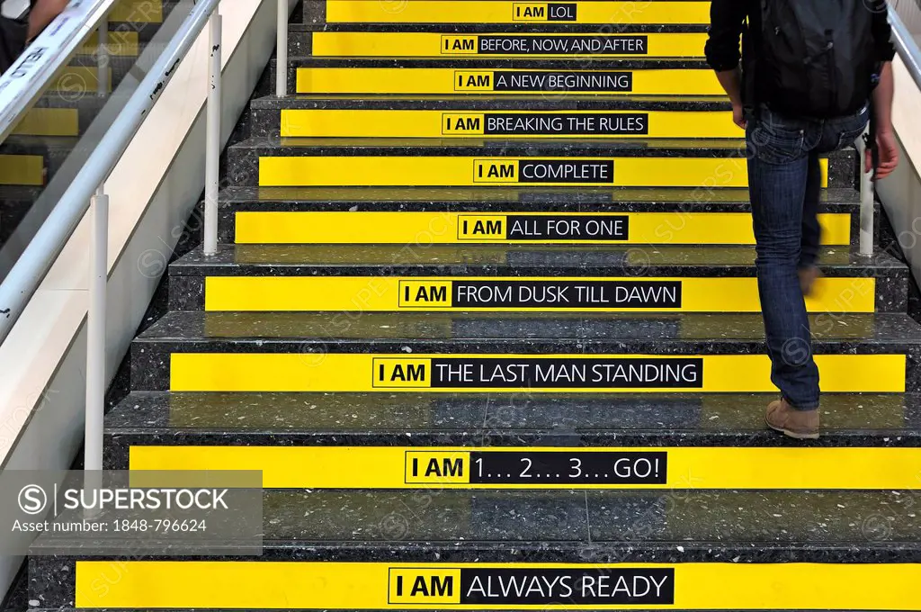 Slogans on stairs, Photokina 2012, Cologne, North Rhine-Westphalia, Germany, Europe