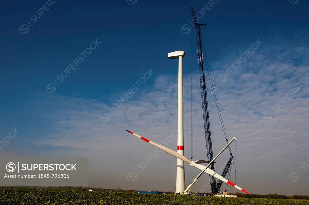 Mounting the rotor on a new wind turbine, Grevenbroich, North Rhine-Westphalia, Germany, Europe
