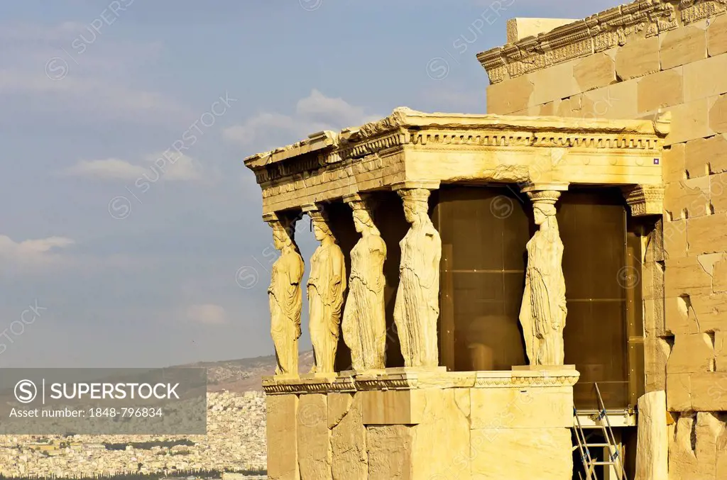 Southern portico of the Erechtheion temple with the Caryatids, Acropolis, Athens, Greece, Europe