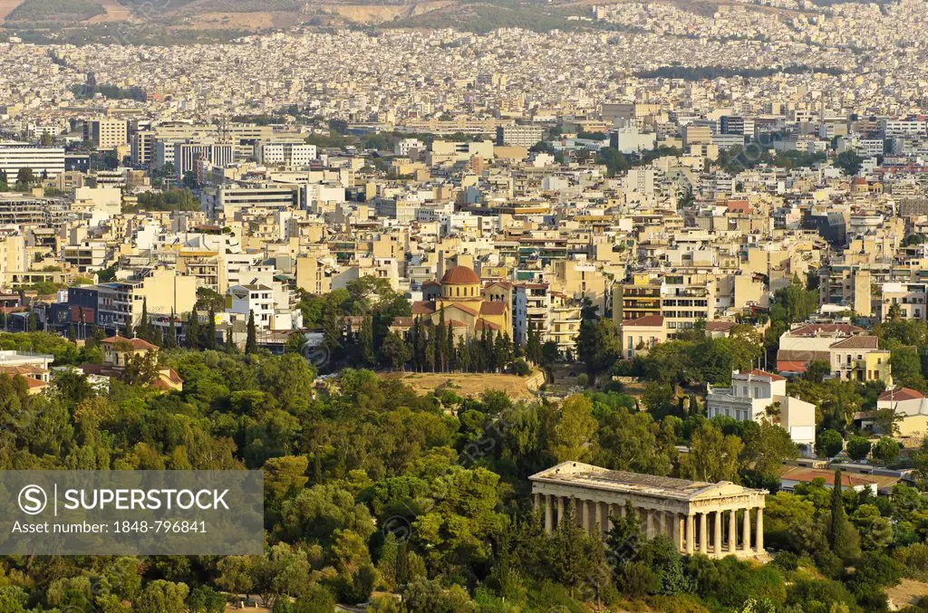 View from the Acropolis over the city of Athens, with Teseyon, the Temple of Hephaestus, in the foreground, Athens, Greece, Europe