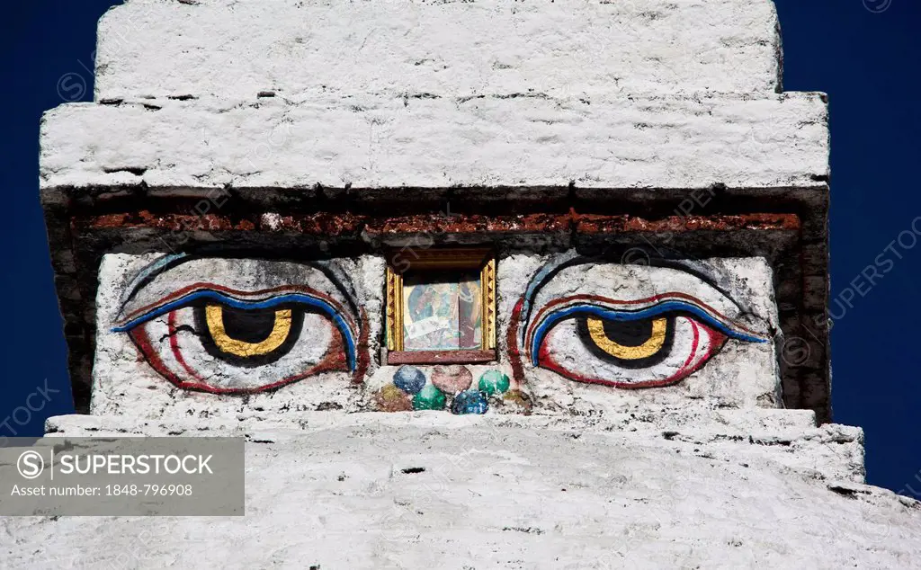 Eyes detail of Chendebji Chorten, Trongsa, Bhutan, Asia