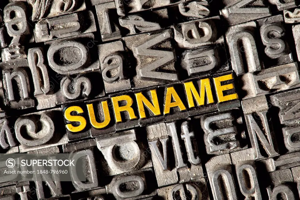 Old lead letters forming the word SURNAME