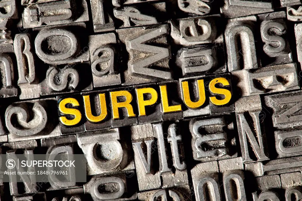 Old lead letters forming the word SURPLUS