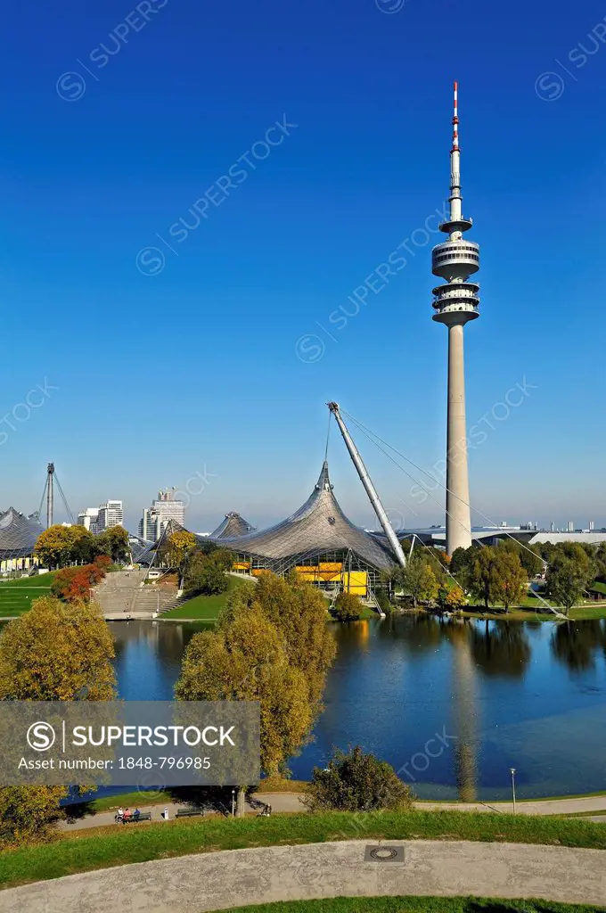Pavilion-roof of the Olympic Hall, lake Olympiasee and the television tower, Munich, Bavaria, Germany, Europe