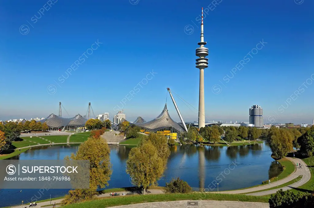 Pavilion-roof of the Olympic Hall, lake Olympiasee, the television tower and the BMW towers, Munich, Bavaria, Germany, Europe