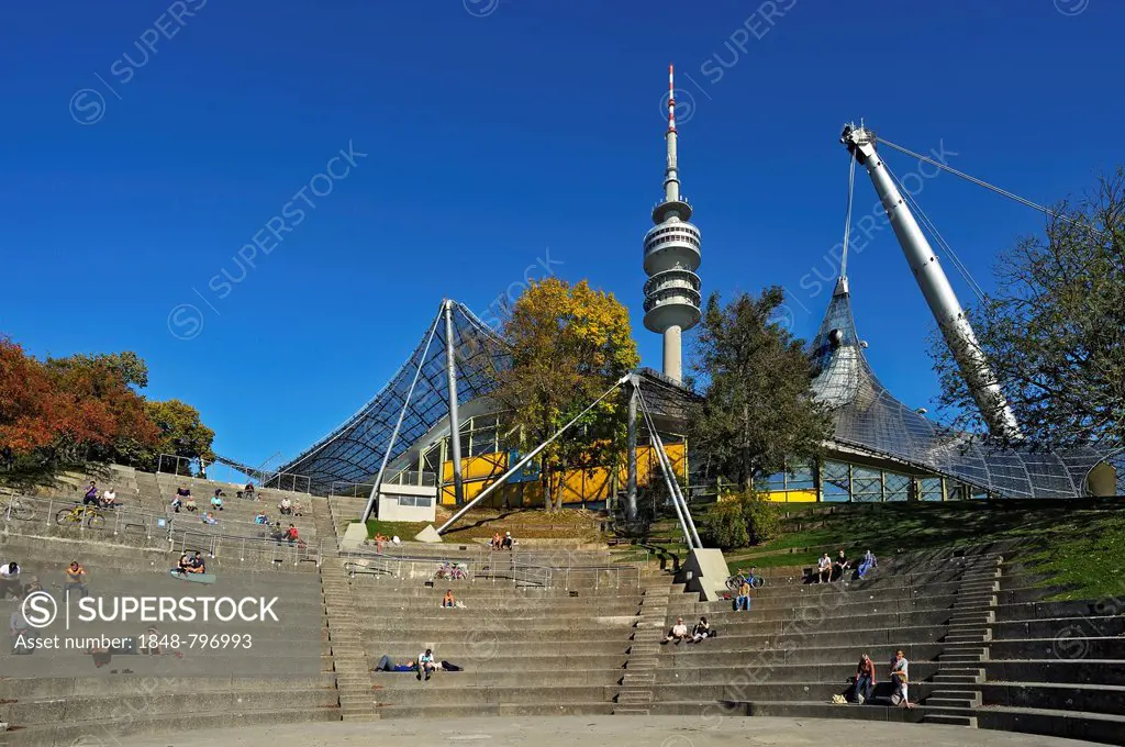 Pavilion-roof of the Olympic Hall, the Theatron and and the television tower, Munich, Bavaria, Germany, Europe