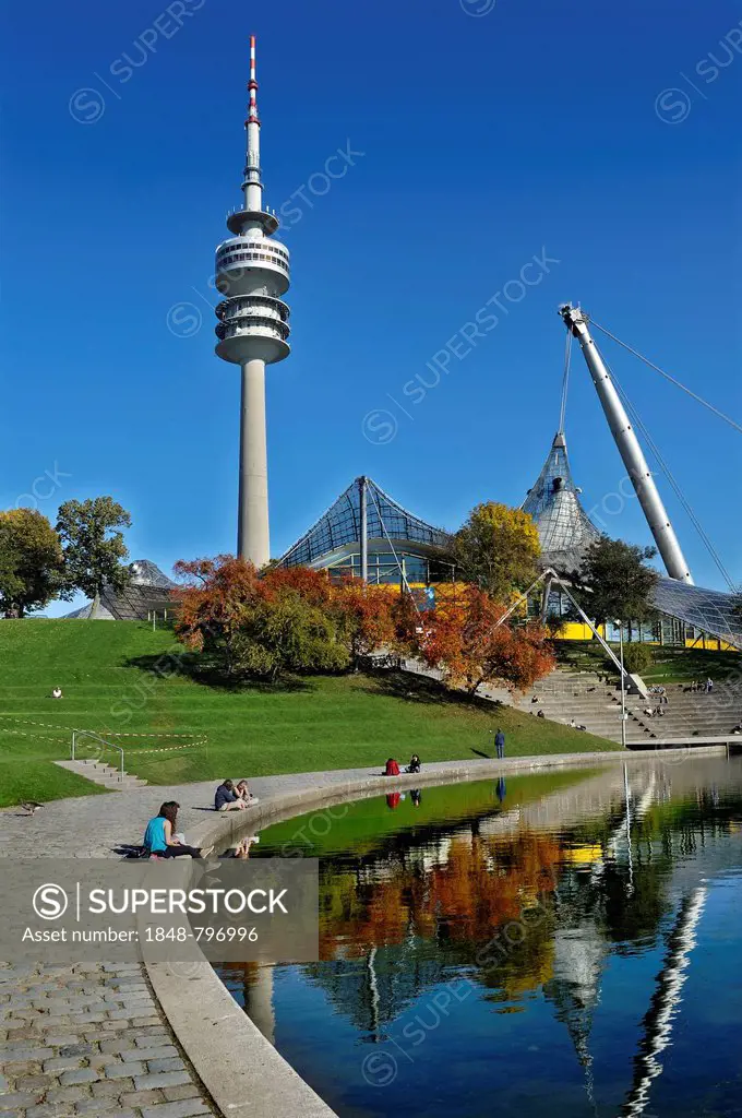 Pavilion-roof of the Olympic Hall, the Theatron and the television tower, Munich, Bavaria, Germany, Europe