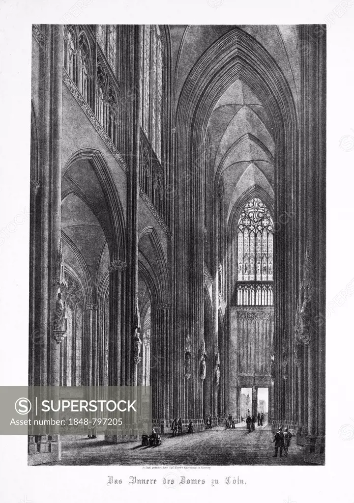 Historical engraving, interior of Cologne Cathedral around 1880, engraved in steel by Carl Mayer Art Institute, Nuremberg, Gothic, Historicism, UNESCO...