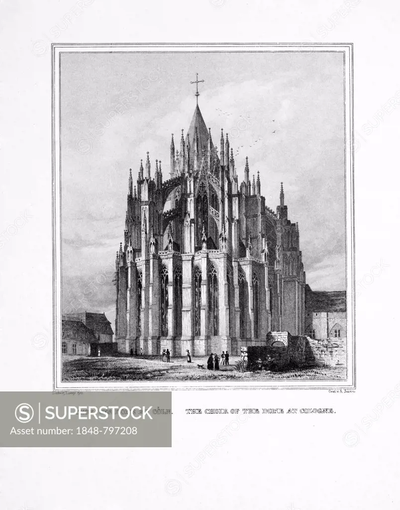Historical engraving, Cologne Cathedral, choir, engraved in steel by R. Jeavons from a drawing by Ludwig Lange around 1840, Gothic, Historicism, UNESC...