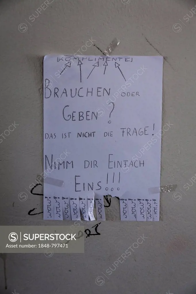 Notice on a board, self-service for compliments, wow tear slips, Munich, Bavaria, Germany, Europe