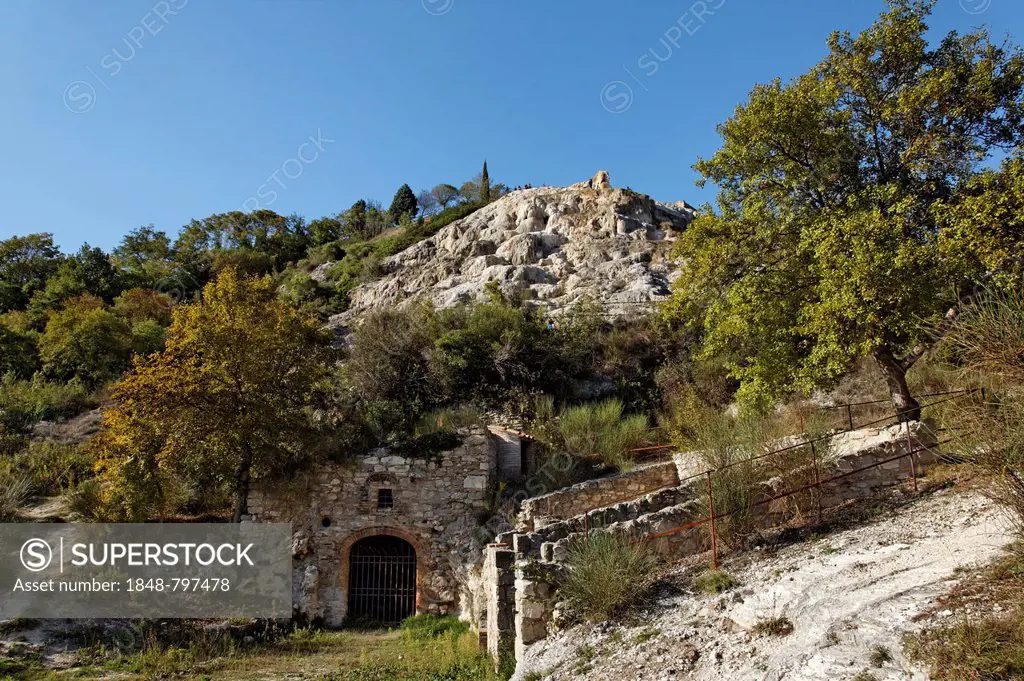 Val d'Orcia, Orcia Valley, thermal spring with sinter terraces and pools below the village of Bagno Vignoni, San Qurico d'Orcia, Tuscany region, provi...