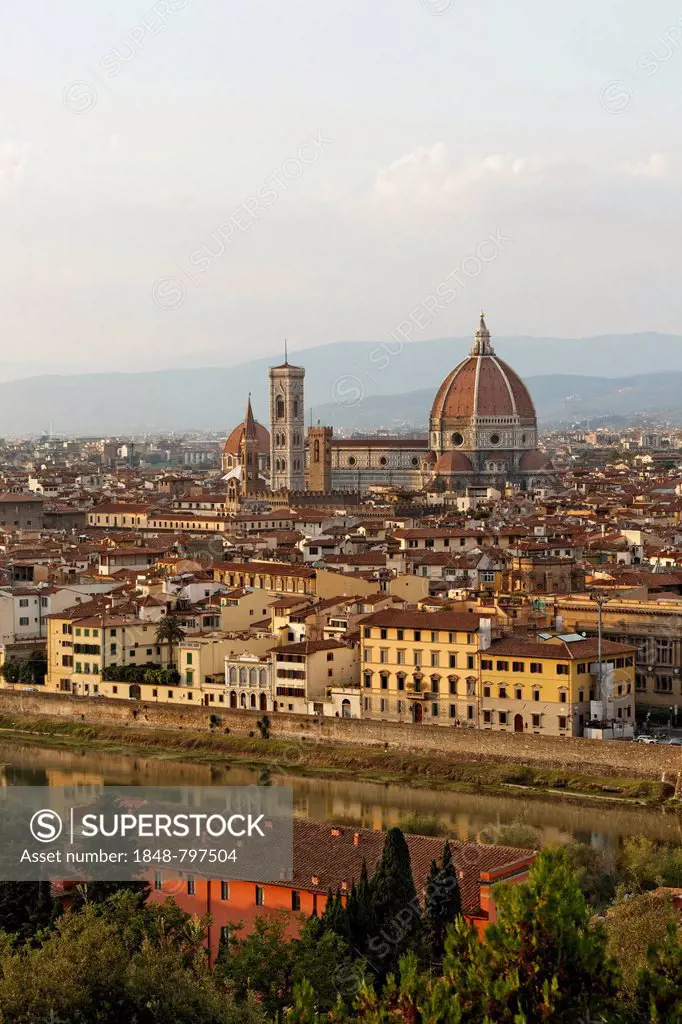 Evening mood on Piazzale Michelangelo square, overlooking the historic town centre with Florence Cathedral, Florence, Tuscany region, province of Sien...