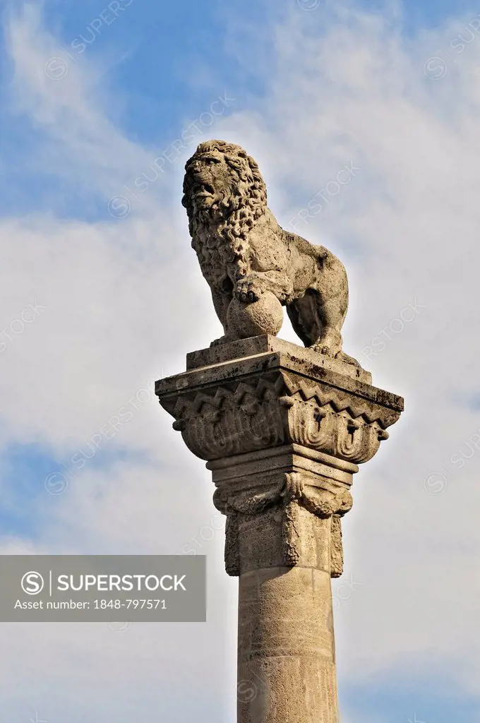 Lion pillar on Cathedral Square, Eichstaett, Bavaria, Germany, Europe