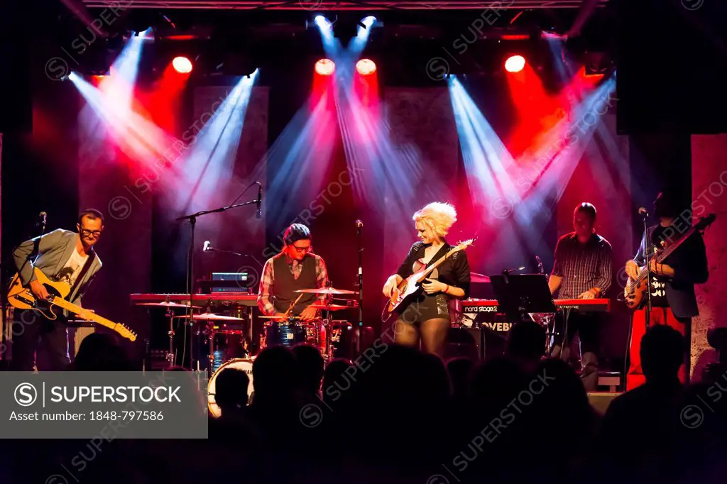 Canadian-Swiss singer Rykka, alias Christina Maria, performing live with a band in the Schueuer concert hall, Lucerne, Switzerland, Europe