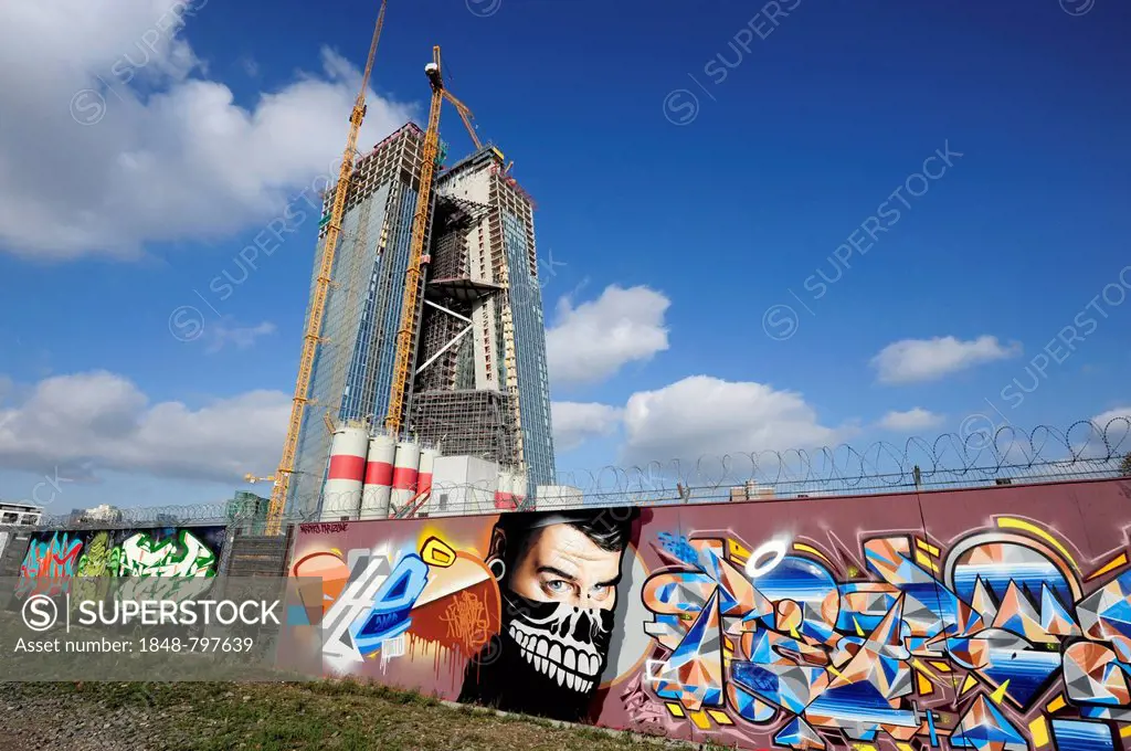 Graffiti in front of the construction site of the new ECB, European Central Bank, Frankfurt am Main, Hesse, Germany, Europe