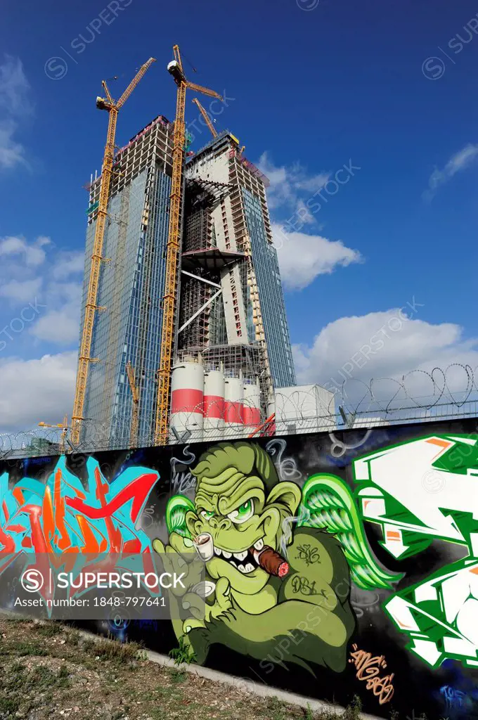 Graffiti in front of the construction site of the new ECB, European Central Bank, Frankfurt am Main, Hesse, Germany, Europe