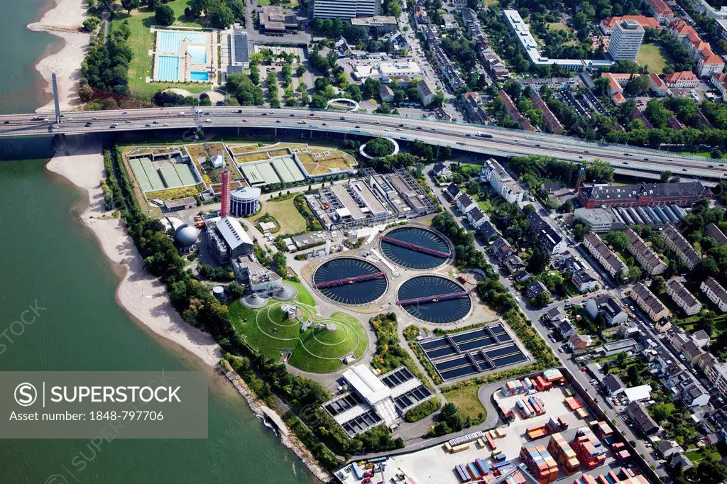Aerial view, Bonn, motorway bridge, Friedrich-Ebert-Bruecke bridge, A565 motorway, Rhine river, a sewage treatment plant and a swimming pool, Rhinelan...