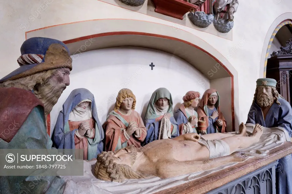 Holy grave, depiction of the Entombment of Christ, around 1500, with seven small tuff statues, Romanesque-Gothic Abbey Church of St. Martin and St. Se...