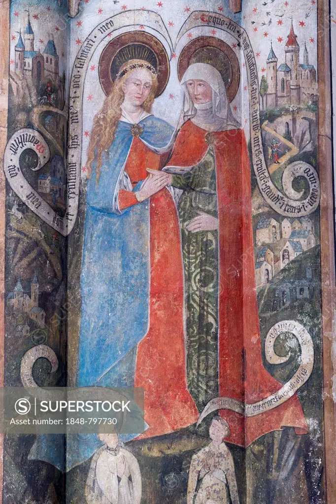 Gothic fresco of the Virgin Mary and a Saint, in the Romanesque-Gothic Abbey Church of St. Martin and St. Severus, Muenstermaifeld, Rhineland-Palatina...