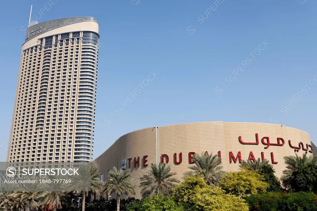 Dubai Mall shopping centre in front of the highrise-building The Address, Dubai, United Arab Emirates, Middle East, Asia