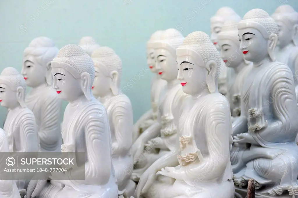 White Buddha statues in Mandalay, Myanmar, Burma, Southeast Asia, Asia