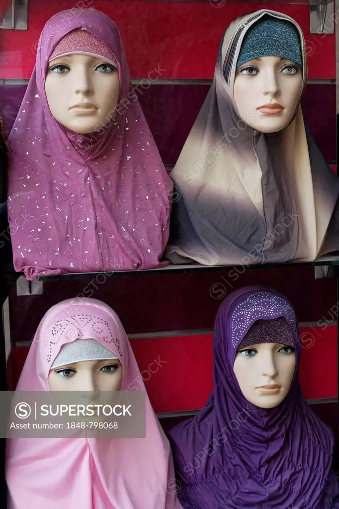 Mannequins wearing fashionable Arab headscarfs, Deira, Old Souk, Dubai, United Arab Emirates, Middle East, Asia
