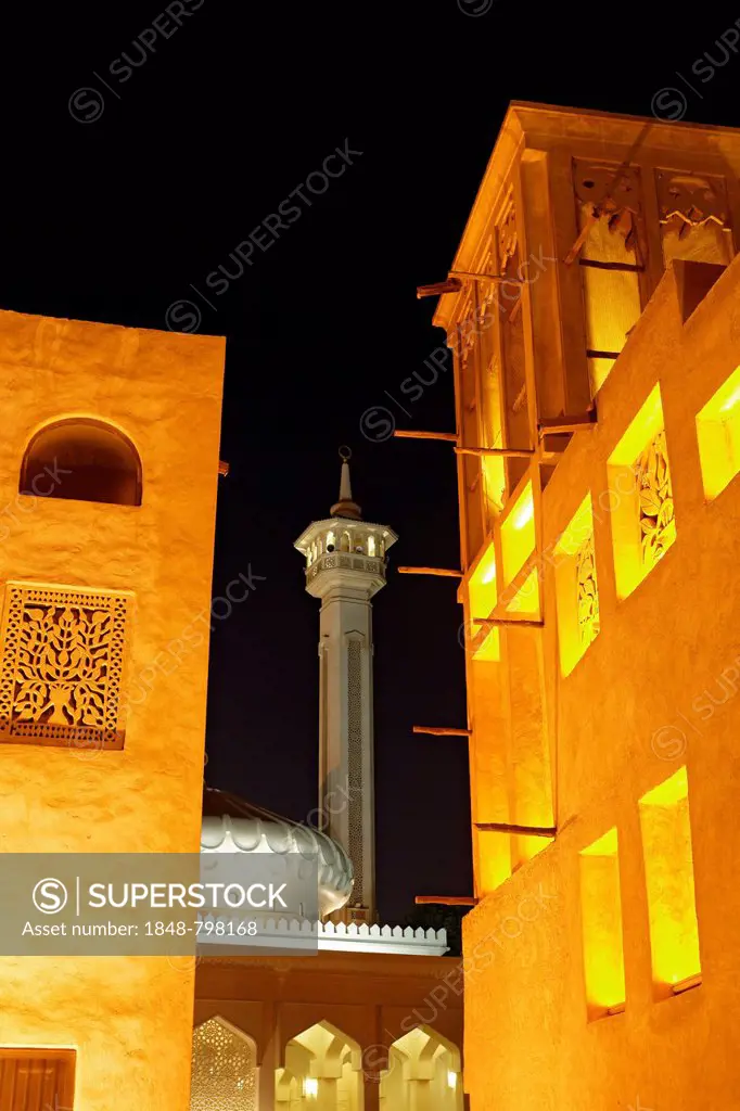 Restored wind tower houses and a mosque, old Bastakiya district, Bur Dubai, United Arab Emirates, Middle East, Asia