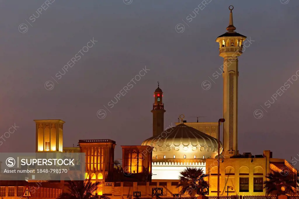 Old Bastakiya district, oriental evening mood, Bur Dubai, United Arab Emirates, Middle East, Asia