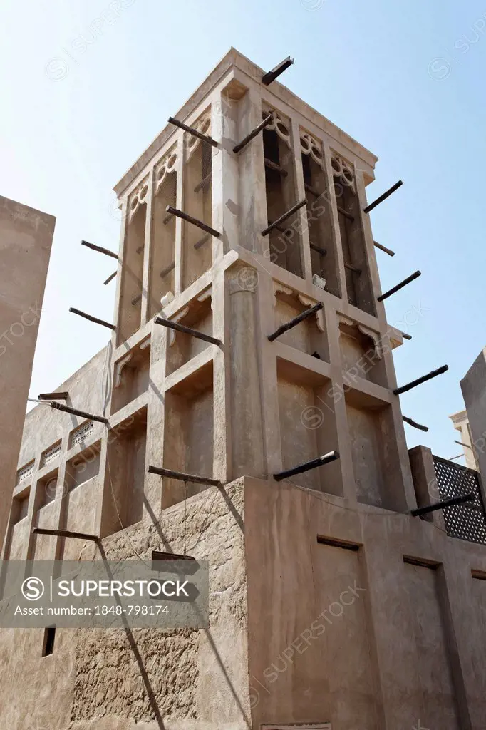 Restored wind tower, old Bastakiya district, Bur Dubai, United Arab Emirates, Middle East, Asia