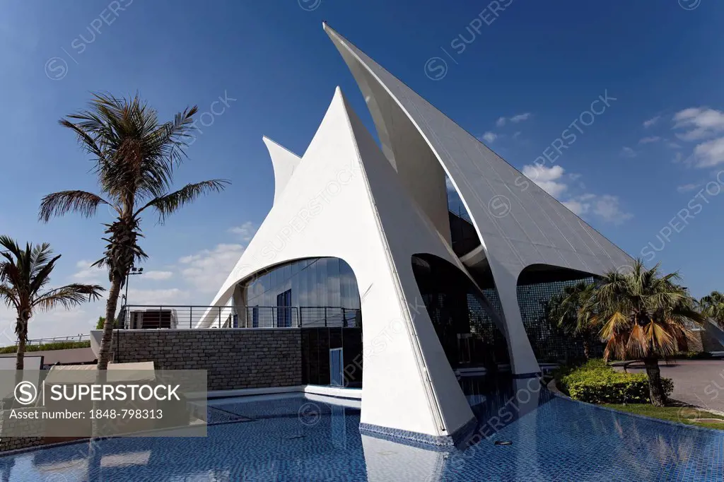 White building in the form of sails, Dubai Creek Golf Club, Dubai, United Arab Emirates, Middle East, Asia