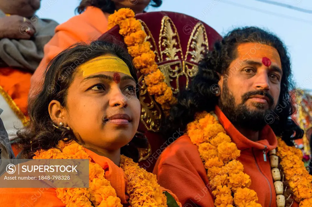 Female and male sadhu, at the procession of the Shahi Snan, the royal bath, during Kumbha Mela festival