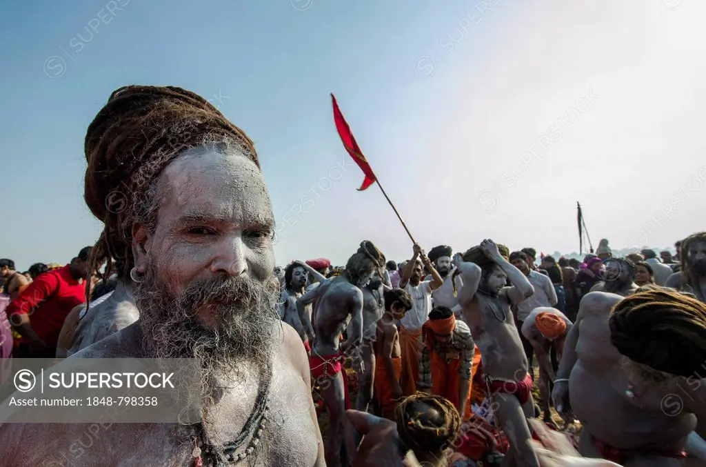 Naga sadhu, holy man, after Shahi Snan, the royal bath, during Kumbha Mela festival