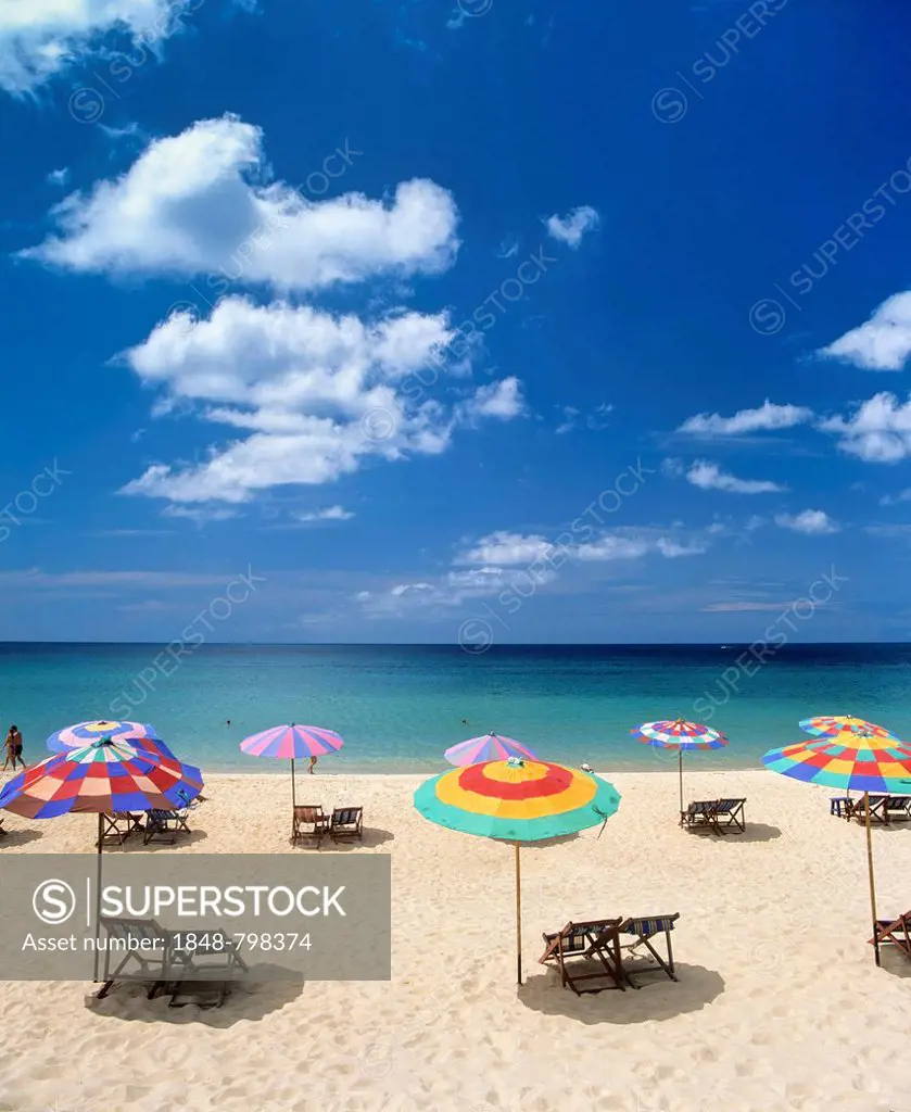 Beach chairs and sunshades on a sandy beach, Patong Beach, Andaman Sea