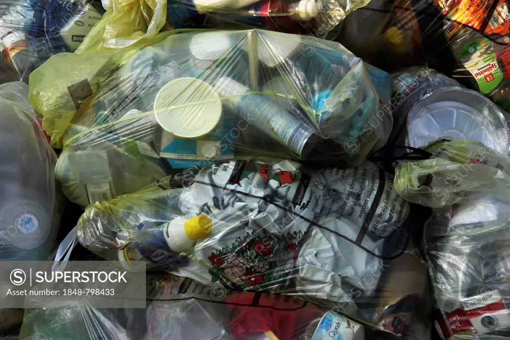 Yellow garbage bags, recycling sacks for the collection of recyclable packaging material