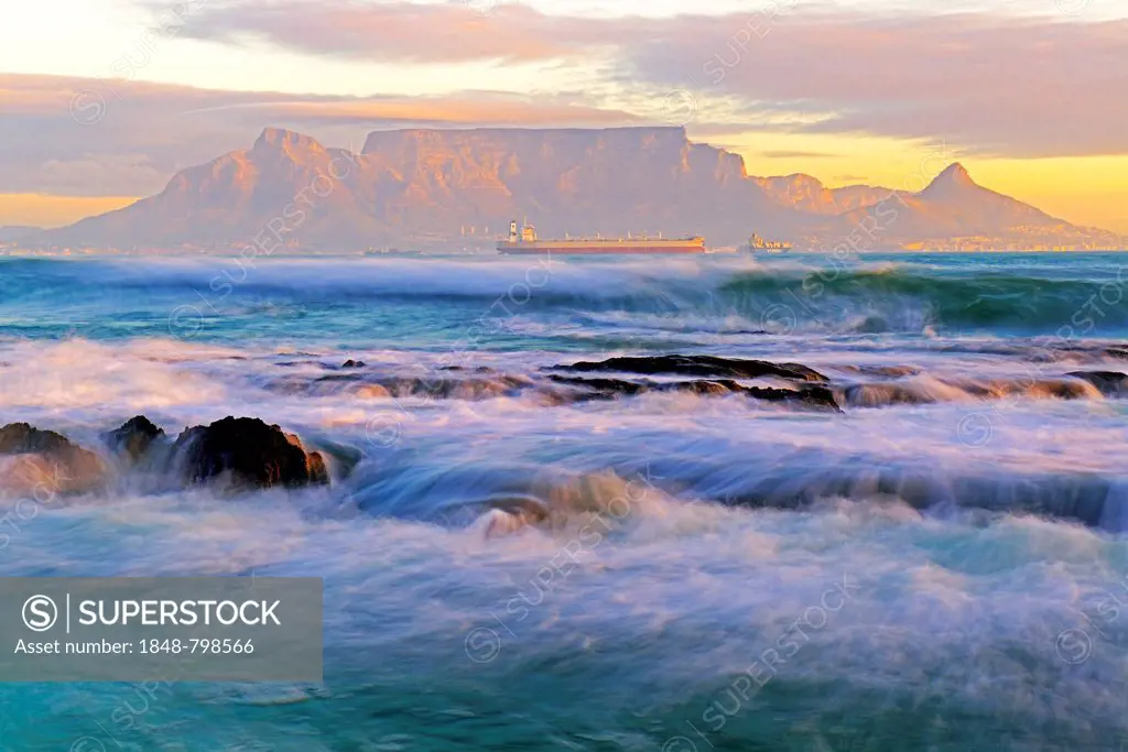 Table Mountain at dusk, seen from Bloubergstrand beach